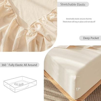 MooMee Bedding Sheet Set 100% Washed Cotton Linen Like Textured Breathable Durable Soft Comfy (Solid Sandy Beige, Queen)
