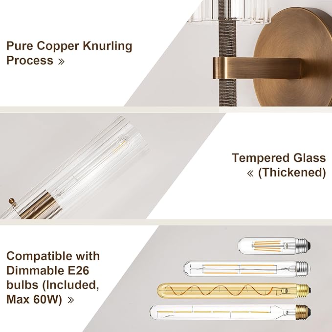 Brass Bronze 2-Light Knurled Wall Sconce, Dual-Head Vanity Lamp Set of Two with Vertical Striped Glass Tube, Bathroom Wall Sconces, Wall Lights for Living Room Bedroom Hallway Kitchen Bathroom Mirror