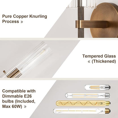 Brass Bronze 2-Light Knurled Wall Sconce, Dual-Head Vanity Lamp with Vertical Striped Glass Tube, Bathroom Wall Sconces, Wall Lights for Living Room Bedroom Hallway Kitchen Bathroom Mirror