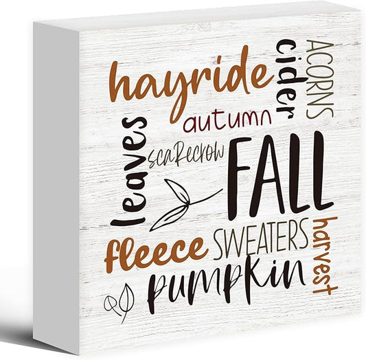 Rustic Fall Autumn Wood Box Sign Desk Decor, Retro Autumn Harvest Decor, Retro Autumn Harvest Wooden Block Sign Decorations for Home Living Room Office Kitchen Wall Tabletop Shelf Decor