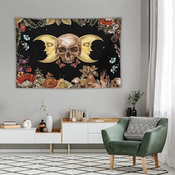 Boho Moon Skull Tapestry,Vintage Sun Moon Hippie Mushroom Floral Plant Tapestries Wall Hanging for Dorm Living Room Bedroom Decor(60"x90")