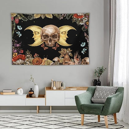 Boho Moon Skull Tapestry,Vintage Sun Moon Hippie Mushroom Floral Plant Tapestries Wall Hanging for Dorm Living Room Bedroom Decor(60"x90")