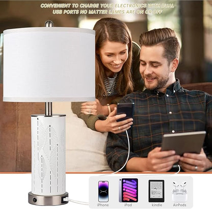 Ceramic Beautifully Engraved Decorative 25" Table Lamps Set of 2 with Nightlight,E26 Socket&Rotary Switch,USB A+C Ports,Modern Bedside Lamps for Nightstand,Bedroom(Bulbs Included)