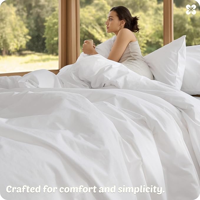 Bedsure Cotton Duvet Cover Queen Size - Luxury Slub Weave 100% Cotton Duvet Cover with a Linen Like Textured, Easy Change Durable Bedding, Bright White, 90" x 90"