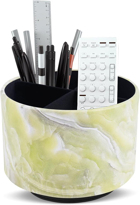 Round Leather Art Supply Organizer,Remote Control Holder,360-degree Rotating Pen Organizer with 4 Compartments(1-Marble Geen)