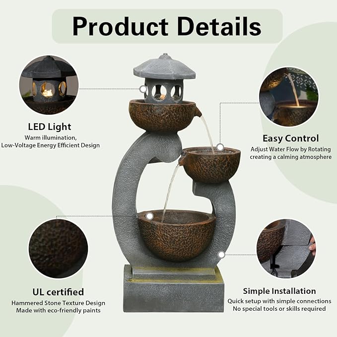 35.24”H Zen Outdoor Water Fountain Garden, Japanese Lantern Multi-Tier Waterfall Fountain Water Feature with Lights for Patio, Garden & Porch