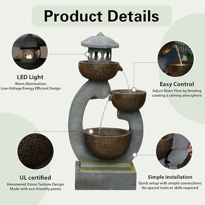 35.24”H Zen Outdoor Water Fountain Garden, Japanese Lantern Multi-Tier Waterfall Fountain Water Feature with Lights for Patio, Garden & Porch