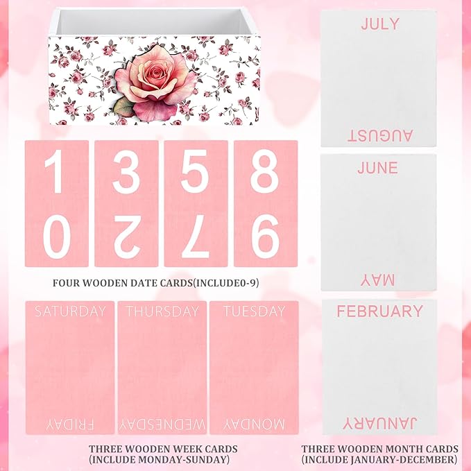 Pink Rose Wood Block Perpetual Calendar Coquettish Desk Decor Cute Month Week Date Display Decorative Block Calendar for Women Office Home Desk Gift for Women