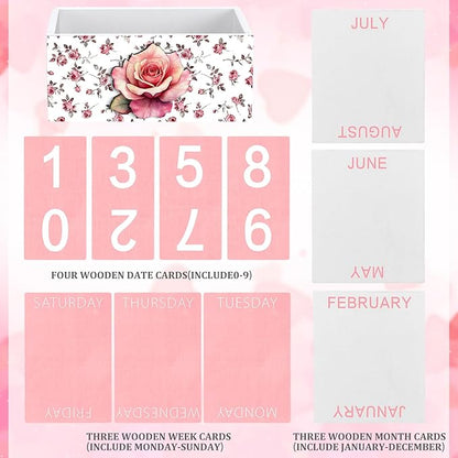 Pink Rose Wood Block Perpetual Calendar Coquettish Desk Decor Cute Month Week Date Display Decorative Block Calendar for Women Office Home Desk Gift for Women