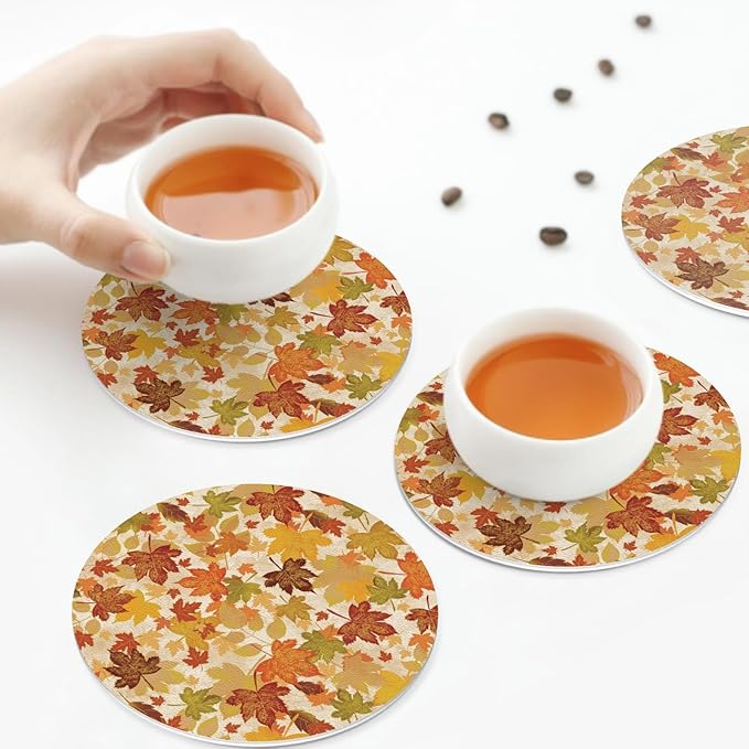 Fall Maple Leaves Coaster Set of 4 Autumn Cup Coasters for Drinks Thanksgiving Harvest Waterproof Wipeable PVC Round Coasters Mat for Coffee Beer Wine Outdoor Patio Table Bar Desk Seasonal Desk Decor