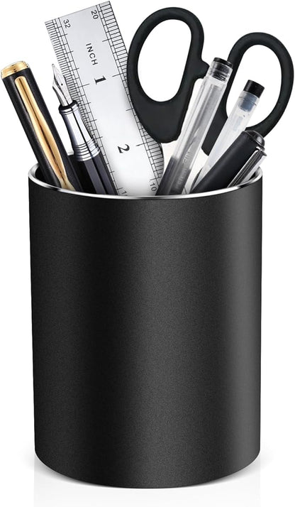 RQB Metal Pen Holder for Desk Round Aluminum Desktop Organizer and Makeup Brush Holder Storage Box for Office, School, Home, and Kids, Non-slip silicone bottom3.9×3.14inch (Black)