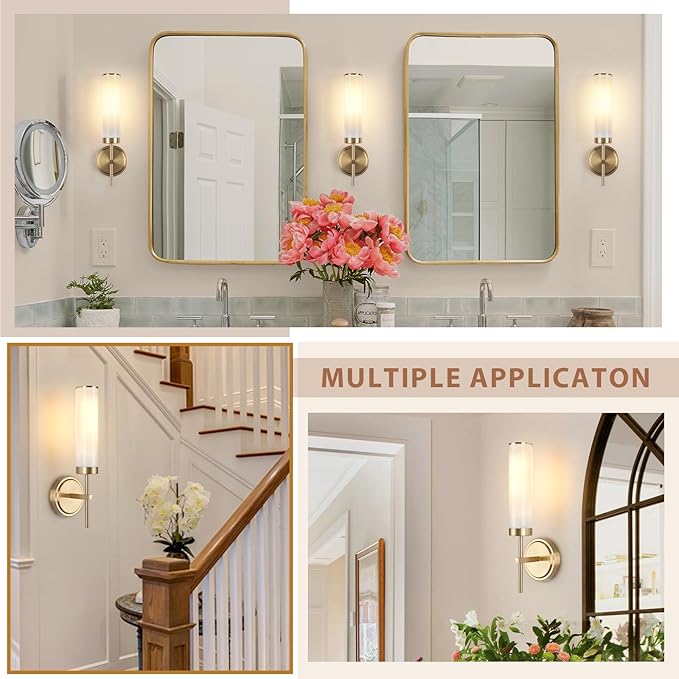 Wall Sconces Set of Two,Modern Bathroom Sconces Wall Lighting with Opal White Glass Shade,60W 16" Gold Sconces Wall with Clear Glass Shade for Living Room Corridor Mirror Bedroom Stairs