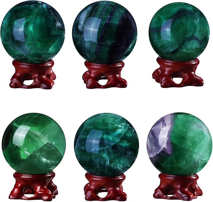 Sportmusies Natural Fluorite Stone Ball with Resin Base, Polished Fluorite Sphere Figurine Desk Home Reiki Healing Decoration, 2-2.36 inches