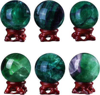 Sportmusies Natural Fluorite Stone Ball with Resin Base, Polished Fluorite Sphere Figurine Desk Home Reiki Healing Decoration, 2-2.36 inches