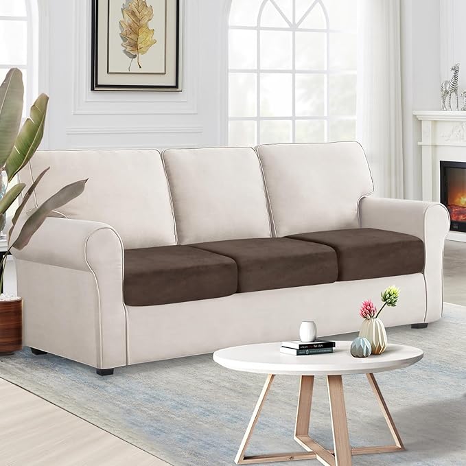 NAISI Couch Cushion Covers 3 Pieces Velvet Stretch Sofa Seat Covers or Backrest Covers Soft Individual Couch Covers for Sectional Sofa(3 Pcs for 3-Seat Cushion,Brown)