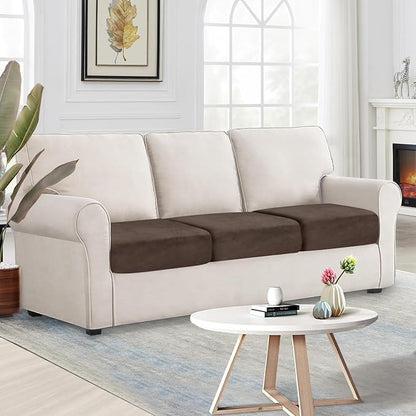 NAISI Couch Cushion Covers 3 Pieces Velvet Stretch Sofa Seat Covers or Backrest Covers Soft Individual Couch Covers for Sectional Sofa(3 Pcs for 3-Seat Cushion,Brown)