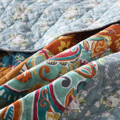 Cotton Bedspread Quilt Sets Reversible Bedding Coverlet Sets 3 Pieces Paisley Vintage Floral Yellow Blue Patchwork Bedspread, Queen Size
