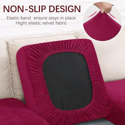 hyha Velvet Couch Cushion Covers, Stretch Chaise Lounge Sectional Couch Seat Covers L Shape for Sectional Sofa, Soft Sofa Cushion Slipcover Washable with Elastic Bottom(Chaise, Wine Red)