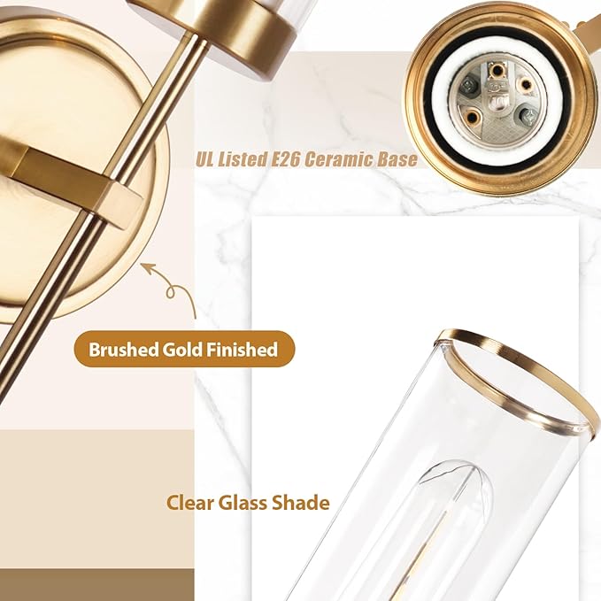 Wall Sconces Set of Two,Modern Bathroom Sconces Wall Lighting 16" 60W Brushed Gold Sconces Wall with Clear Glass Shade for Living Room Corridor Mirror Bedroom Stairs