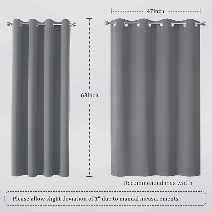DUALIFE Grey Blackout Curtains for Bedroom 63 inches Long 2 Panels Grommet Window Treatment Thermal Insulated Room Darkening Window Panels Drapes for Living Room 52x63 inch Length