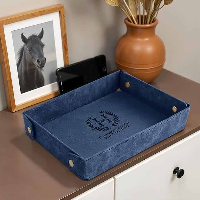 Engraved Leather Valet Tray for Men – Personalized Catchall with Custom Name for Desk, Dresser, Nightstand – Men's Organizer Tray for Keys, Wallet, Jewelry, Personalized Gift for Home, Office - Blue