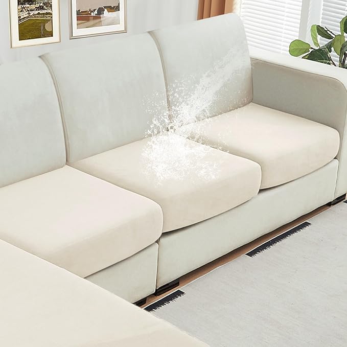 NAISI Waterproof Couch Cushion Covers Thick Velvet Fabric Washable Sofa Slipcovers 3 Pieces Individual Sectional Couch Covers with Elastic Bottom(3 Pcs for 3-Seat or Backrest,Ivory White)
