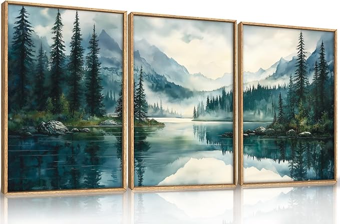 HLNIUC Green Foggy Forest Mountain Wall Art Framed,Large Boho Watercolor Pine Tree Wall Decor set of 3 (24"x36"), Nature Dark Lake Landscape Scenery Canvas Painting for Living Room, Bedroom, Office