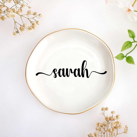 JoycuFF Sarah Personalized Name Ceramic Jewelry Tray, Mothers Day Christmas Anniversary Engagement Birthday Gifts for Women Couples, Trinket Dish for Rings Earrings Necklaces Bracelets Keys
