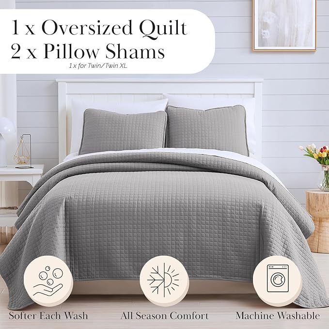 Southshore Fine Living, Inc. Twin XL Comforter Quilt Bedding Set, Dorm Room Bedding Essentials, Stain Resistant, Machine Washable Bedspread, XL/Twin Grey Quilt Bed Spread with Pillow Sham, Steel Grey