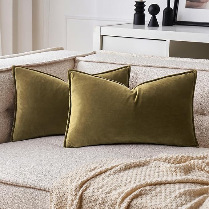 MIULEE Pack of 2 Olive Green Christmas Decorative Velvet Throw Pillow Covers Soft Pillowcases Solid Square Cushion Case for Winter Sofa Bedroom Car 12x20 Inch
