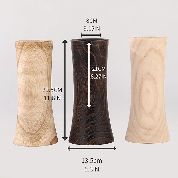 Handmade Eco-Friendly Wooden Vase Set - Natural Solid Paulownia Wood Vases for Home Decor, DIY Hand-Painted Design, Unbreakable Decorative Gift Set (7”, 10”, 12”) (Shaped Vase 5.3×11.6IN)