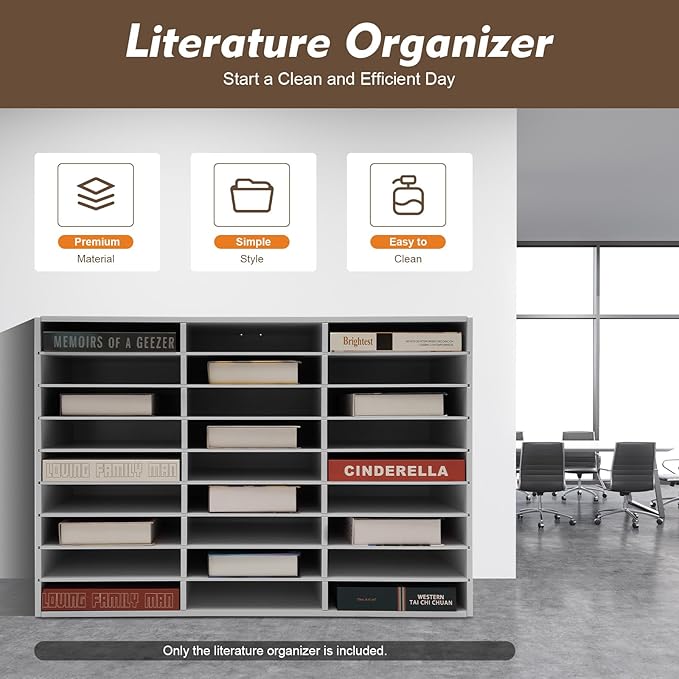 Literature Organizer with 27 Compartments | Adjustable Desktop File Sorter Mail Center for Home, Office & Classroom | PVC Paper Storage Cabinet with Shelves, White