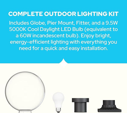 KASTLITE 12" Globe Pier Mount Outdoor Lighting with LED Lamp | UV & Waterproof Pillar & Column Lights | Deck Driveway Yard Patio & Garden Fixture | Made in USA | Clear Cover, Black Decorated Base