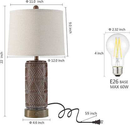 RORIA Set of 2 Farmhouse Table Lamps for Living Room Bedroom, 3 Way Dimmable Touch Nightstand Lamp with 2 USB Port, Rustic Vintage Bronze Ceramic Lamps for End Table Bedside, Bulbs Included