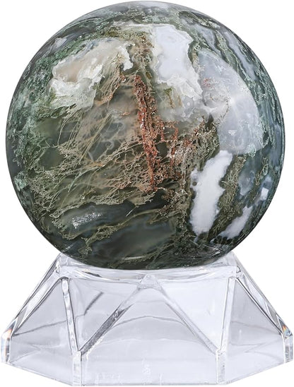 Natural Moss Agate Crystal Ball with Acrylic Display Base, 51-60mm Polished Stone Feng Shui Crystal Sphere Meditation Decoration for Home & Office