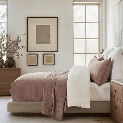 EVERGRACEHOME 100% Cotton Box Stitch Quilt Bedding Set King Size 3 Pieces, Garment-Washed Lightweight Soft Cozy Coverlet, Oversized Quilted Bedspread Sets with 2 Shams for All Season, Clay