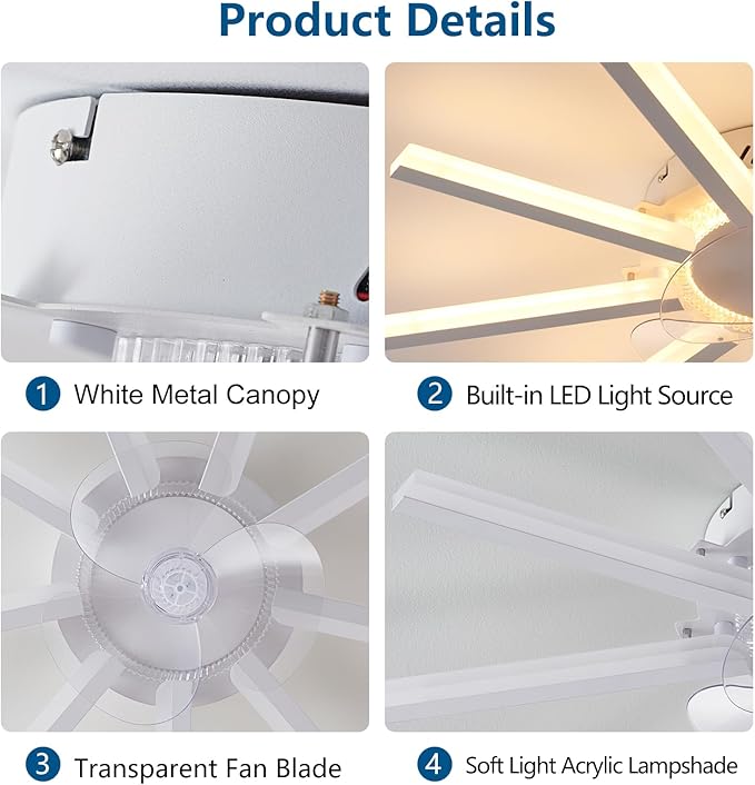 HuixuTe 27" White Straight Strip Geometric Ceiling Fan with Lights, 3 Colors 6 Speeds Low Profile Ceiling Fan with Light for Kitchen Bedroom