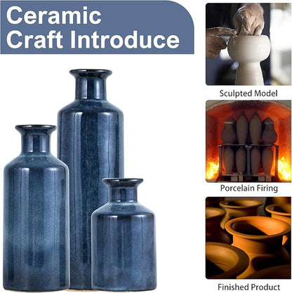 Blue Ceramic Vase Set of 3 Small Vases, Modern Farmhouse for Home Decor Bottles, Rustic Terracotta Vase Decorative Vases for Table,Fireplaces Decor, Bookshelf, Living Room