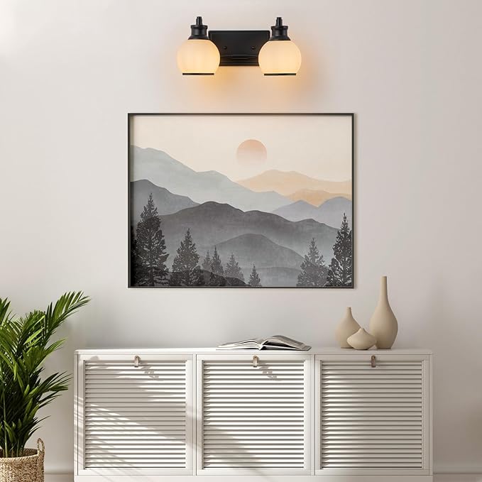 2 Light Modern Bathroom Light Fixtures Over Mirror (LED Bulbs Included), Black Vanity Lights for Bathroom Wall Sconces with Milky White Globe Glass Shades
