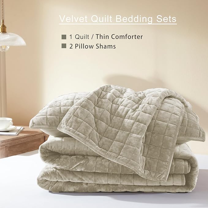 LEAONME Velvet Quilt Full/Queen Size-90''x98'', Lightweight Beige Velvet Comforter Set with 2 Pillow Shams, Soft Bedspread Coverlet Quilted Bedding Set for All Season