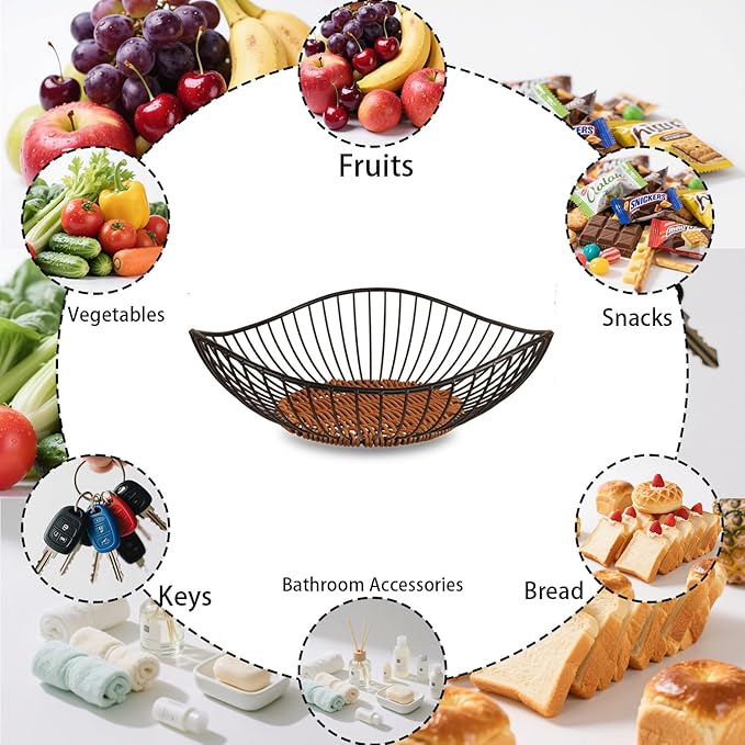 Wire Fruit Bowl,Metal Fruit Basket, Black Fruit Bowl for Kitchen Counter,countertop,Snack,Bread,Candy Storage Basket, Vegetable Basket, Home Decor Centerpiece, Fruit Holder Stand (9.8 x 2.76 Inches)
