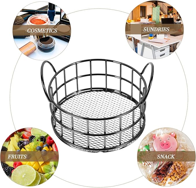 Round Wire Storage Basket for Desk, Makeup Organizer, Small Iron Basket with Handle for Home, Office, Bathroom, Black, 3.93X2.75 Inch