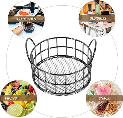 Round Wire Storage Basket for Desk, Makeup Organizer, Small Iron Basket with Handle for Home, Office, Bathroom, Black, 3.93X2.75 Inch