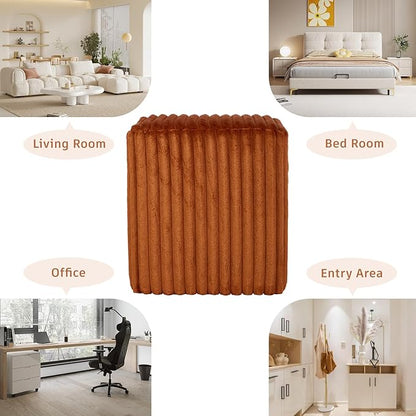 Modern Square Ottoman 2Pcs, Vertical Channel Tufted Foot Stool Ottoman, Velvet Upholstered Vanity Stool for Makeup, Bedroom, Living Room, Dark Orange