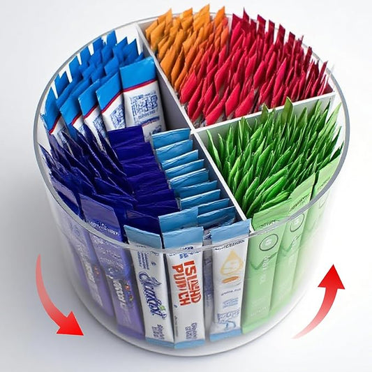 360° Spinning Drink Packet Organizer, Clear BPA-Free Plastic 4-Section Clear Storage for Coffee, Sugar & Drink Mixes | Stackable Kitchen & Pantry Container