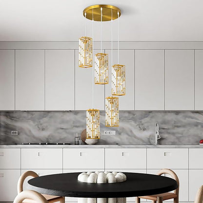 Gold Pendant Lighting Modern Pendant Light, Mini Crystal Chandeliers,Adjustable Pendant Light Fixture for Kitchen Island Dinning Room Bedroom (5 Light)
