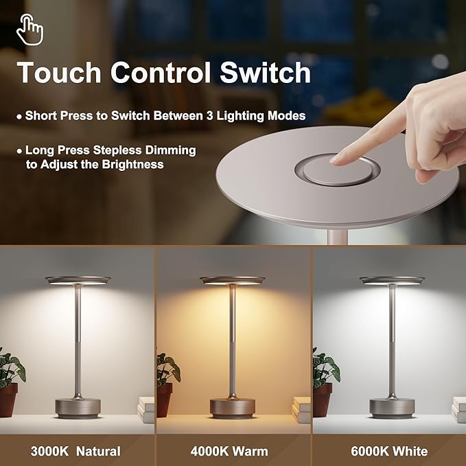 Rechargeable Cordless Table Lamp, Portable 5000mAh LED Touch Table Light, 3 Color Stepless Dimming Battery Powered Table Lamp for Outdoor/Restaurant/Patio.(Champagne Gold)