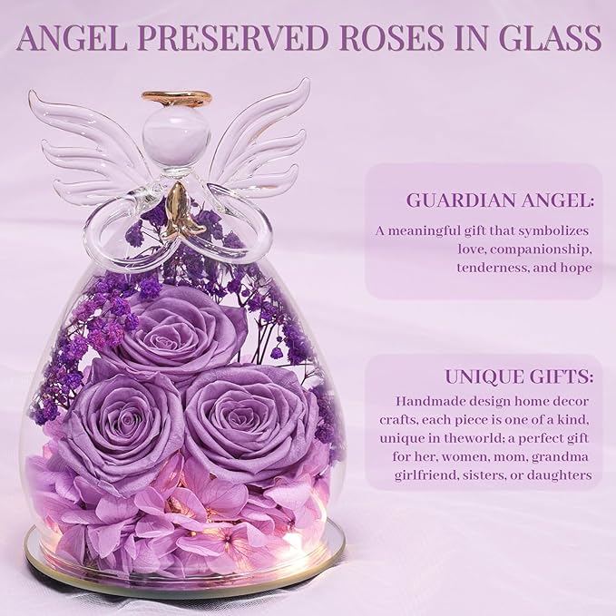 Beferr Valentines Day Rose Gifts for Her Women Mom Gifts for Birthday, Fresh Flowers for Delivery Prime Forever Preserved Rose in Glass Angel Figurine, for Grandma Wife Kids Daughter