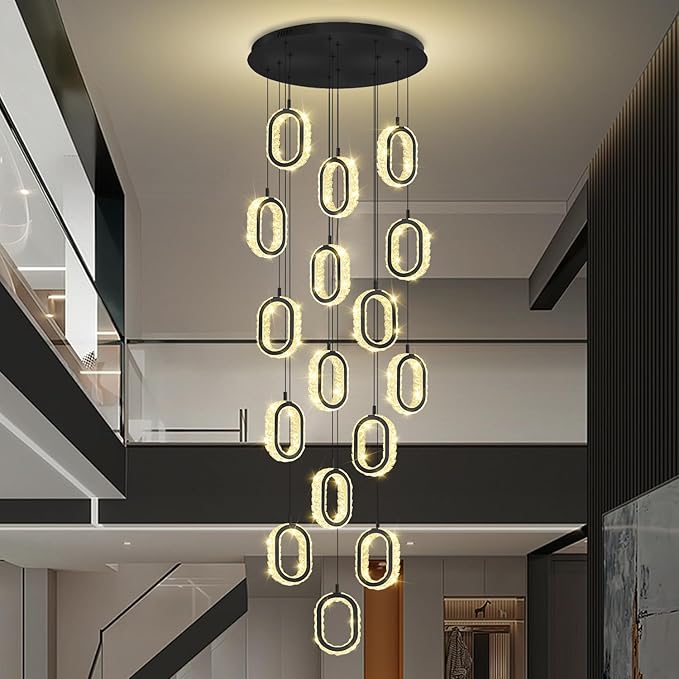 Modern Large Ring Chandelier for High Ceiling Black Stair Chandeliers for Foyer LED Crystal Ring Drop Chandelier Dimmable 2700K-6000K 16-Light