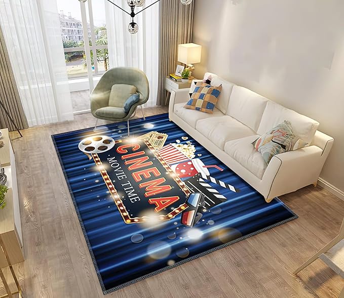 Blue Home Theater Cinema Area Rug, Movie Starts Non Slip Easy Care Throw Large Area Rugs, Breathable Durable Carpet for Indoor Bedroom Living Room Office Decor Rug - 4 ft x 6 ft